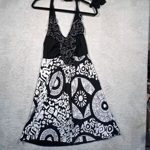 Vintage Y2K Vibe Halter Dress Women M Black‎ White Zipper Ruffle Sleeveless